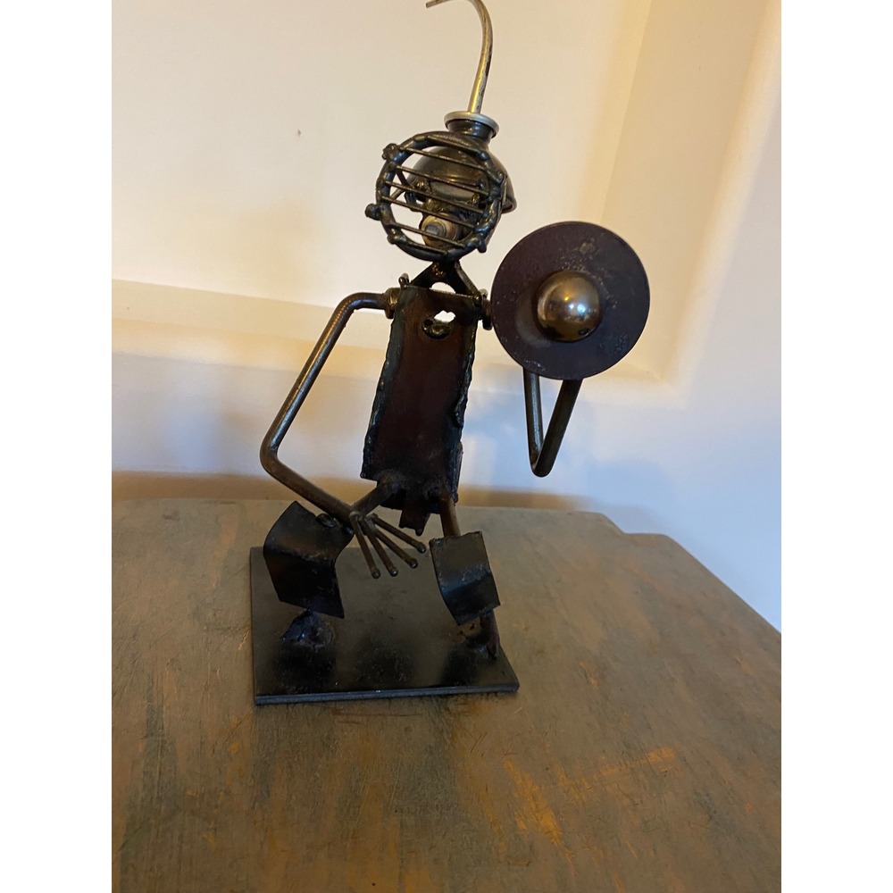 Signed Mario Found Object Metal Knight Sculpture Industrial Folk Art 11in